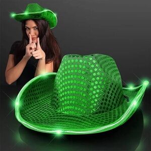 Flashing LED Lights Green Sequin Cowboy Holiday Hat